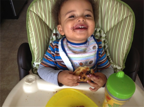 Boy loooves his blueberry pancakes!